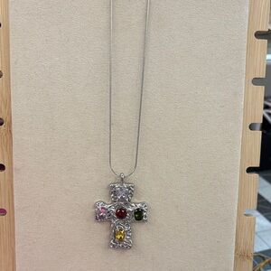 Stainless Steel Cross Pendant Necklace with Multicolor Gems